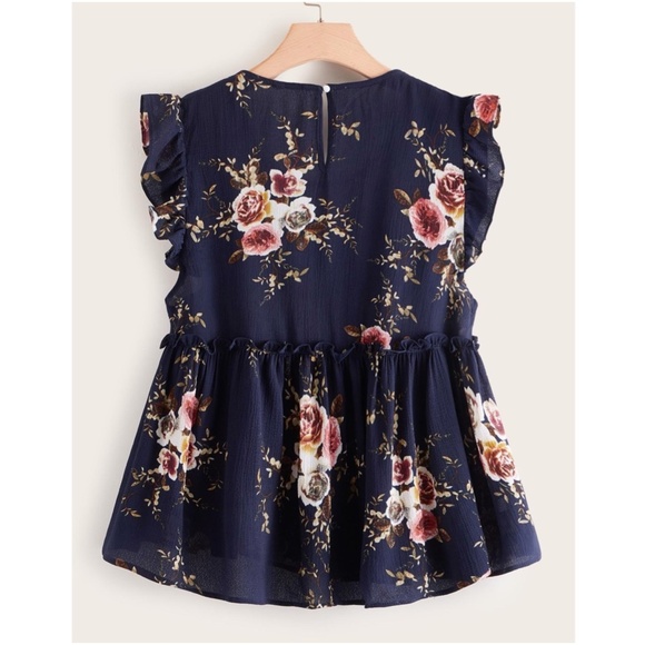 PLUS boho floral ruffle sleeve smock top Navy - Picture 2 of 4